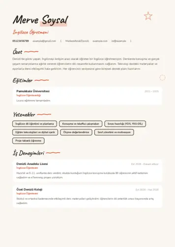 Yabancı Dil Öğretmeni Cv Örnekleri cv indir